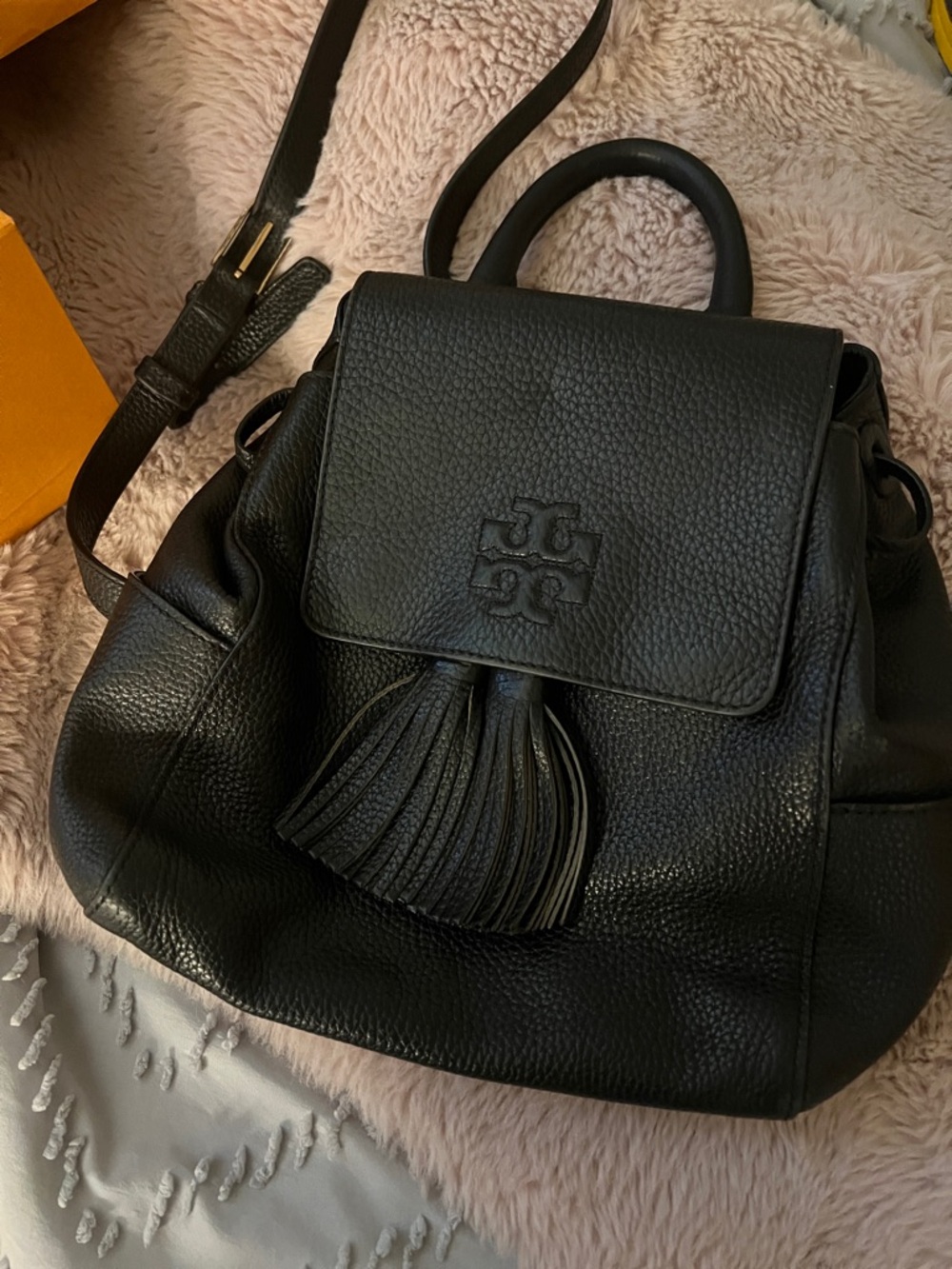 Tory Burch Black Pebbled Leather Tassel Backpack